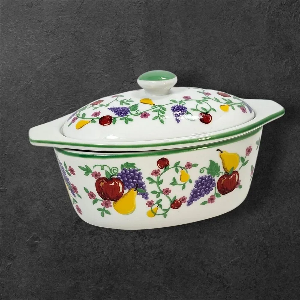 Cook Street Butter Boat 3pc Fruit Floral Covered Dish Vintage Cottagecore Farm